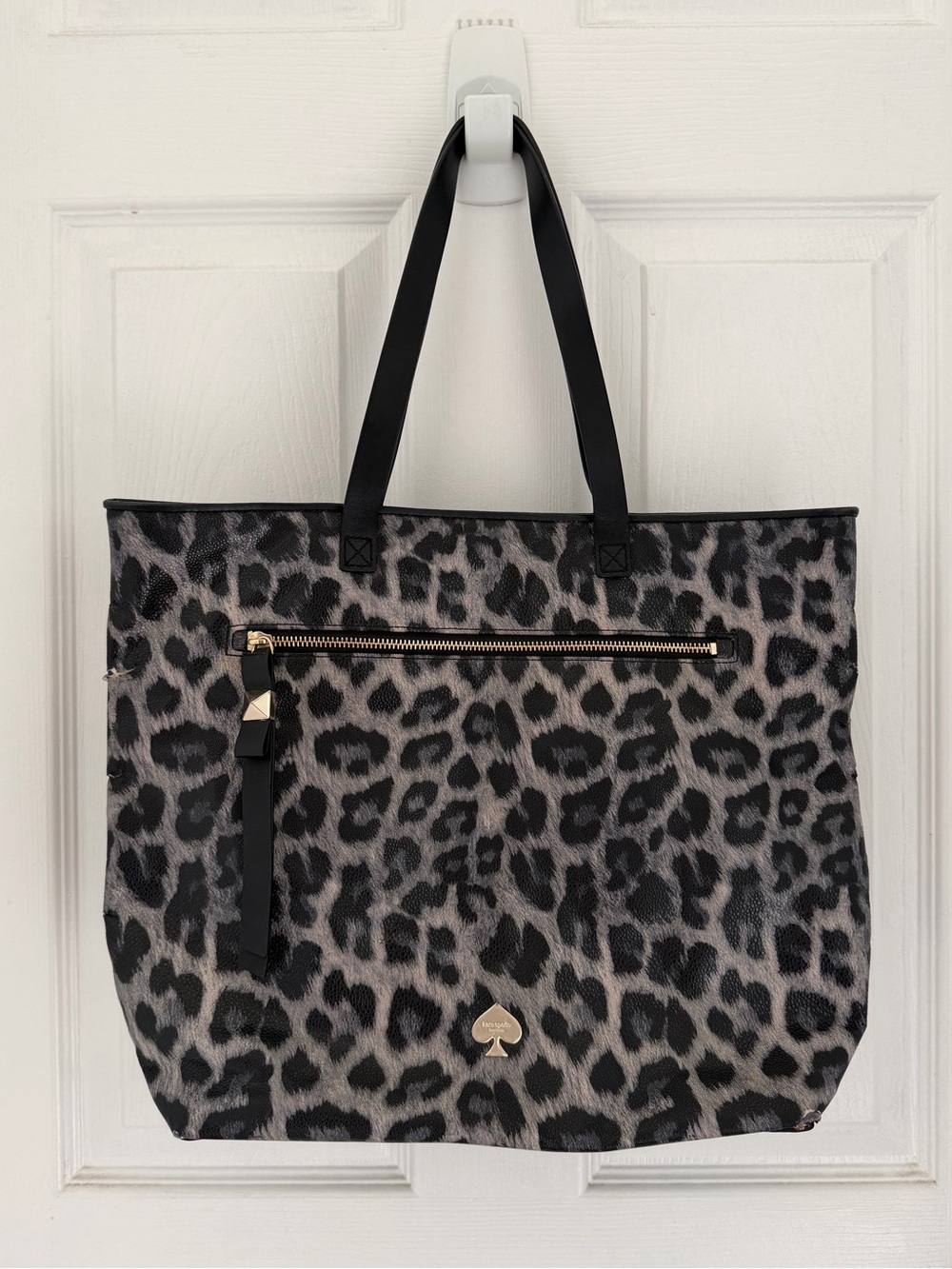 Kate Spade Gray Black Leopard Print Bow Detail Tote Shoulder Bag Travel Handbag